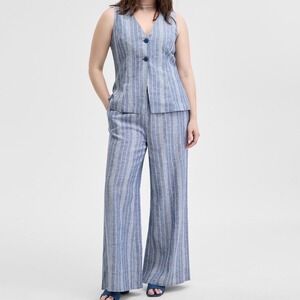 AND NOW THIS Striped Vest Wide Leg Pants Set Blue White Striped Women's Medium